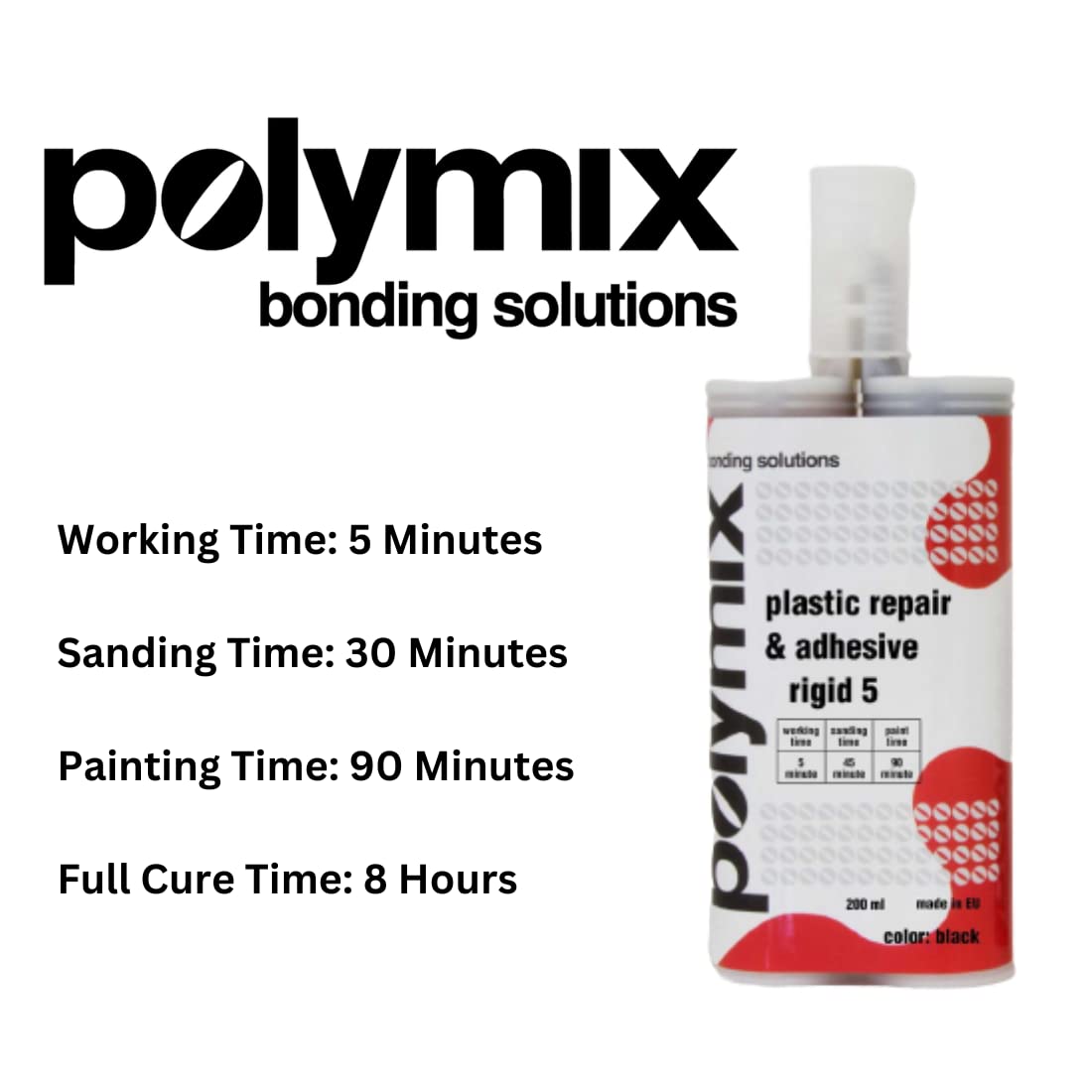 Polymix Rigid 5 Minute Working Time Automotive Multipurpose Plastic Repair and Adhesive 200ml Cartridge & Two Application Mixing Nozzles
