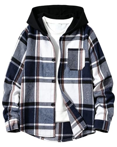 Image of Boys Girls Flannel Shirts Plaid Hoodies Fall Fashion Button Down Shirts | Long Sleeve Shirts Hooded Lightweight Jacket, Perfect for School Mornings, Leaf Piles,Camping, Bonfires, Weekend Adventures