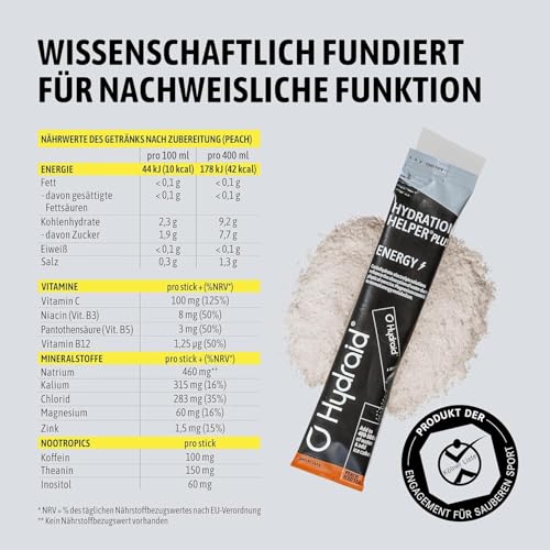 Hydraid® PLUS ENERGY Peach Iced Tea – Elektrolyt Pulver mit Koffein – Mehr Energie & Mehr Fokus – 20 Sticks mit Grüntee Extrakt und Theanin