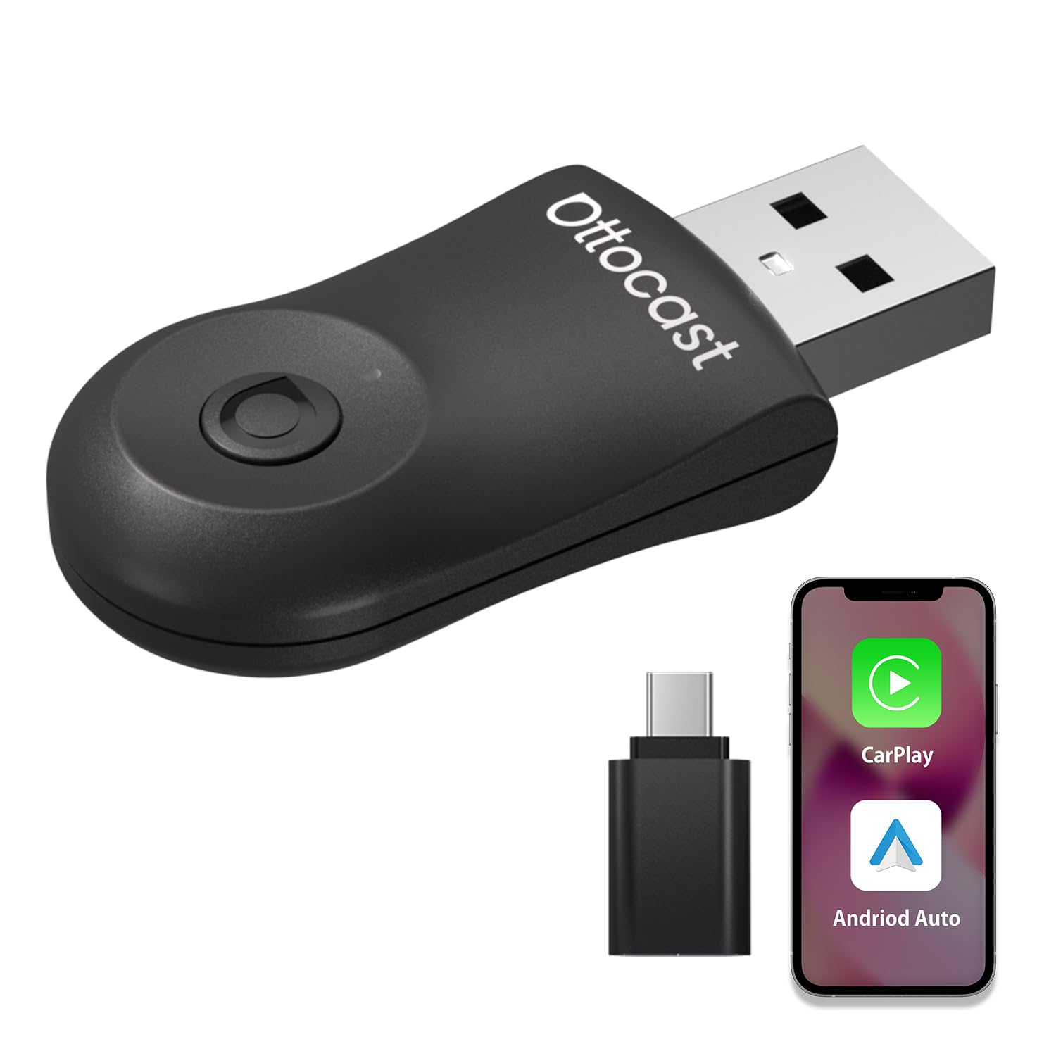 OTTOCAST Mini, Adattatore Wireless Android Auto e Carplay Plug & Play WiFi 5,8 GHz Converti Dongle Carplay Cablato in Wireless, Compatibile con auto del 2016 e successive con AA cablato e Carplay