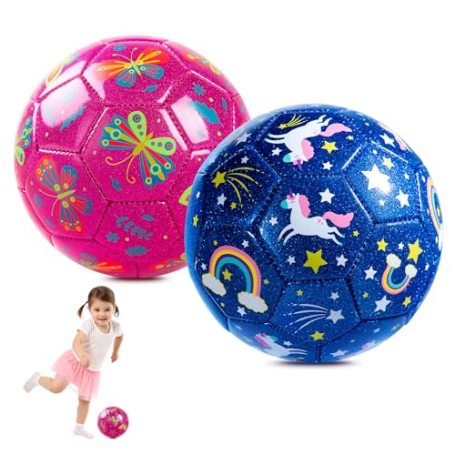 INPODAK Soccer Ball Size 3 Size 2 for Toddlers Kids 1-3 3-8 1 or 2 Pack Cartoon Small Dinosaur Unicorn Soccer Ball Gifts for Girls Boys Indoor Outdoor Sports Play Toys Birthday Gifts with Pump