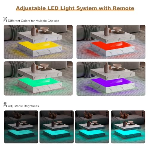 KEEPREAPER White Marble Square Coffee Table for Living Room, Modern Coffee Tables with Storage, LED Light Coffee Table 2-Tier Square Middle Center Table,Contemporary Wood Tea Tables for Dining - Image 4