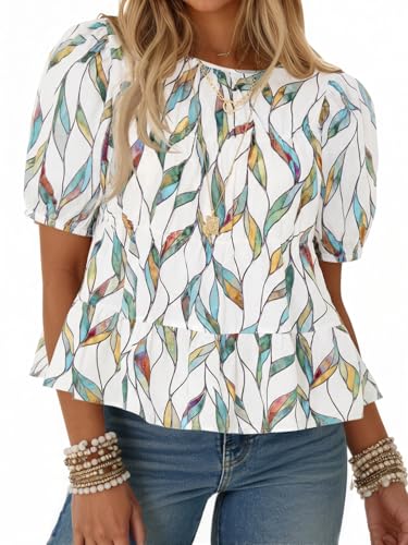 Image of Tankaneo Womens Puff Sleeve Peplum Babydoll Tops Summer Flowy Pleated Cotton T-Shirts Casual Loose Fit Cute Blouse