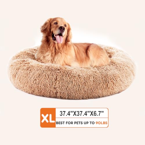 Image of NEWBULIG Round Donut Dog Bed, Large Sized Beds for Indoor Cats and Dogs, Machine Washable Pet Sofa with Anti-Slip, Super Soft Durable Fabric, 37x37 Inch, Brown