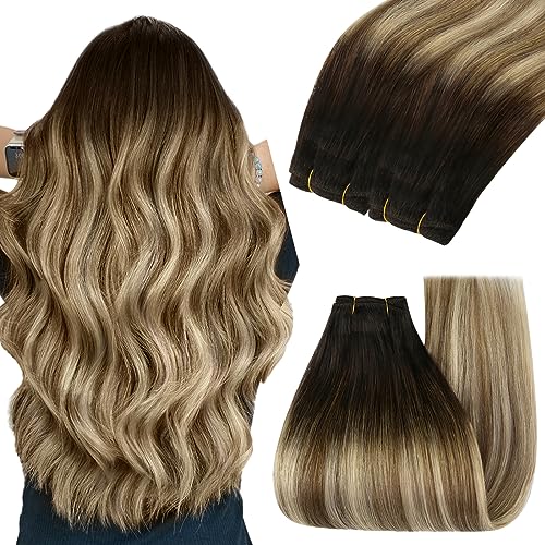 Image of YoungSee Sew in Hair Extensions Real Human Hair Ombre Hair Extensions Weft Dark Brown Roots to Medium Brown with Blonde Balayage Soft Hair Extension Sew in for Full Head 100G 18Inch