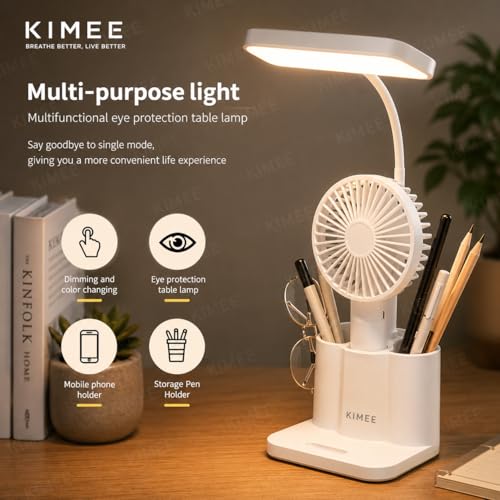 Image of Kimee Table Lamp for Study with Smart LED Display, Foldable Touch Light Desk Lamps with 3 Color Modes and Stepless Dimming, Desk Lamps with Phone Pen Holder (White)