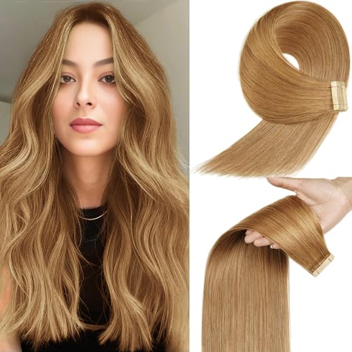 Image of YDDM Tape in Hair Extensions Human Hair, 20pcs 14 Inch Honey Blonde 100% Remy Human Hair for Women Straight Seamless Invisible Tape in Hair Extensions(27#, 14 Inch)