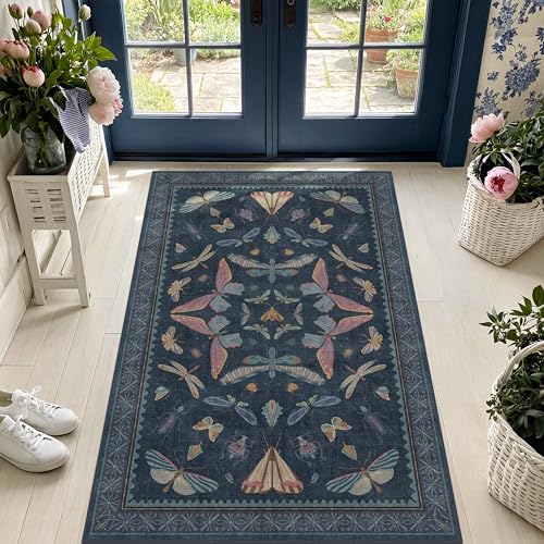 Washable 3x5 Indoor Rugs for Entryway, Non Slip Vintage Area Rug for Kitchen Floor, Laundry Room, Blue Bedroom Carpet with Insect Pattern, Dark Boho D