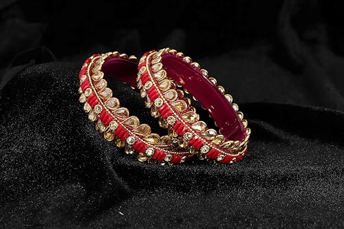 Image of NMII Glass Golden Zircon Stone & Kundan Beads Kada Set For Women & Girls | Fancy Design Kada Bangles | Traditional Look Kangan | Glass Bangles For Women Wedding, Party, Function, Daily use