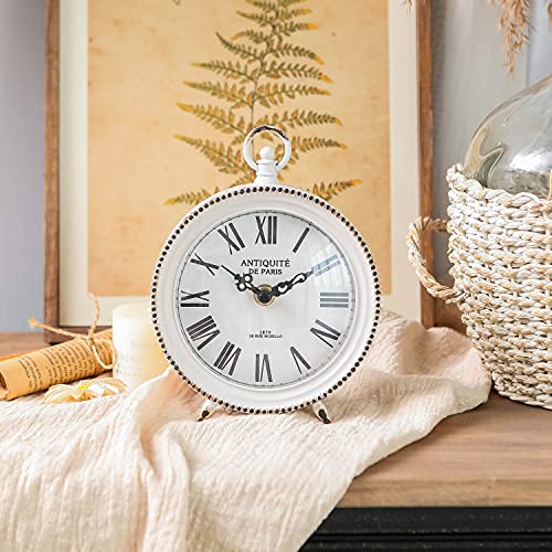 Nikky Home Vintage Table Clock With Handle, Shelf Desk Top Clock Battery Operated Rustic Design, Chic Home Decor For Fireplace Mantel, Desktop, Countertop, Distressed White #TOP1