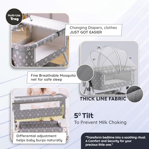 Image of Premium 6-in-1 Baby Bedside Cot, Crib, Cradle Portable All-Mesh Bassinet with Multi-Purpose Tray,Wheels, Storage Basket, and 6 Height Adjustments, Easy Assembly, Newborns-Pattern Grey | Breathable Cloth