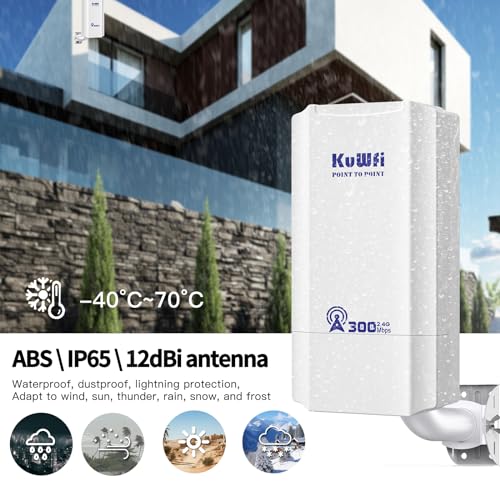 Image of KuWFi 300Mbps Outdoor Wireless Bridge Kit - 1KM Long Range Point to Point System for CCTV, Starlink Signal Extension & Network Backbone, with 100Mbps Port, 2.4Ghz CPE