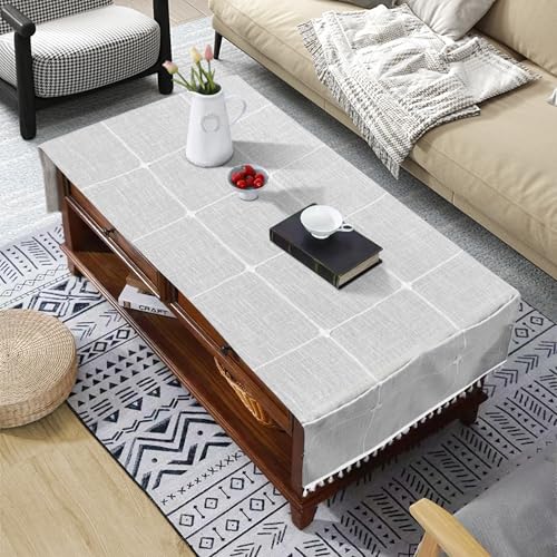 Bzvystux Coffee Table Cloth, Coffee Table Cover with Pockets and Tassel, Grey Grid for Living Room Small Rectangle Tablecloths Washer Dryer Fridge Top Dust Cover,Easy Care Machine Washable