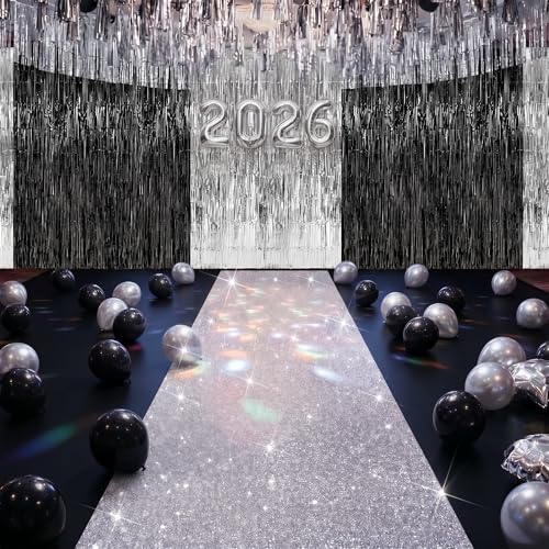 Moukeren 2026 Graduation Prom Decoration 2.5 x 30 ft Silver Carpet Runner with 4 Metal Tinsel Tassel Curtains for College Graduation Ceremony Birthday Wedding Party Decor