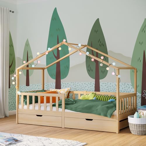 Bellabino Bia Kinderbett 90x200 cm – Hausbett mit Rausfallschutz, Lattenrost & 2 Schubladen – Montessori Kinder Bett aus Massivholz Kiefer –...