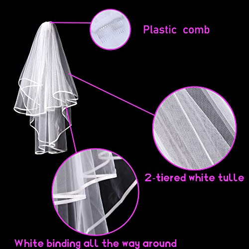 Bachelorette White Double Ribbon Edge Center Cascade Bridal Wedding Veil With Comb& Bride To Be Satin Sash (White Veil+White Sash) #TOP3
