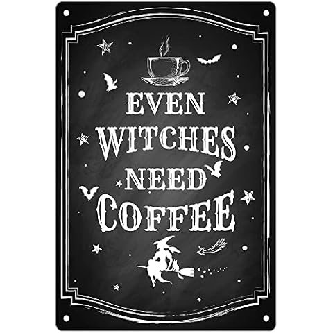 IRISVITA Black Witch Decor, Even Witches Need Coffee, Witch Kitchen Decor, Coffee Bar Decor, Kitchen Witch Coffee Sign, Vintage Halloween Decorations Indoor, Gothic Wall Decor, 11.75 X 7.8 Inches Cover