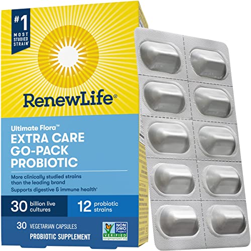 Renew Life Adult Probiotics, 30 Billion CFU Guaranteed, Extra Care Go-Pack, Probiotic Supplement for Digestive & Immune Health, Shelf Stable, Gluten Dairy & Soy Free, 30 Capsules