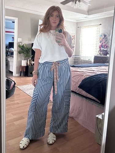 Bankeng Women's Striped Palazzo Pants - Loose Wide Leg Lounge Trousers with Pockets (Blue, XS)2