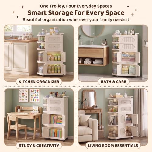 Image of StarAndDaisy Baby Storage Trolley with Wheels, 4-Tier Plastic Nursery Organizer with Drawers, Multipurpose Storage Rack for Baby Essentials, Diapers, Clothes, Toys (Transparent, Storage Cart)