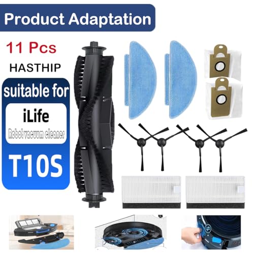 Image of HASTHIP 11Pcs Replenishment Kit, Replacement Parts for ILIFE T10S Robot Vacuum Cleaner, Replacement Accessories - 1 Main Brush, 4 Side Brushes, Mop Cloth, 2 Filters, 2 Dust Collection Bags.