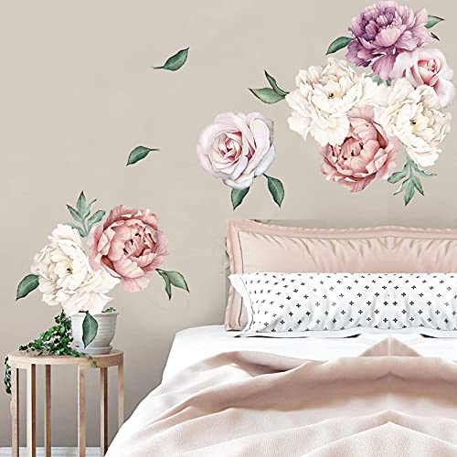 Image of Removable Wallpaper Floral Rose Flower Decals for Walls Peel and Stick Peony Flower Wall Mural for Bedroom Vinyl Girls Wall Decal Decor for Bedroom Baby Nursery Floral Stickers Wedding Decorations