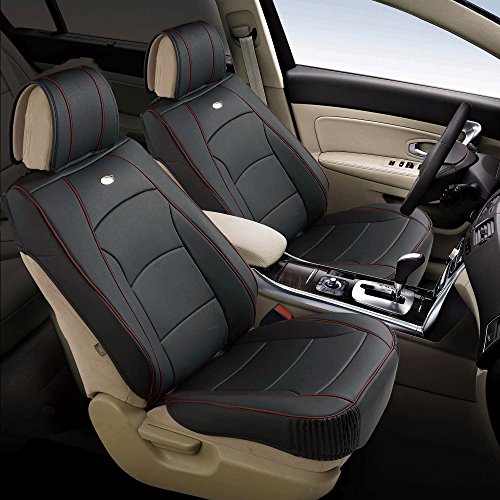 FH Group PU205102 Ultra Comfort Highest Grade Faux Leather Seat Cushions (Black with Red Trim) Front Set – Universal Fit for Cars Trucks & SUVs