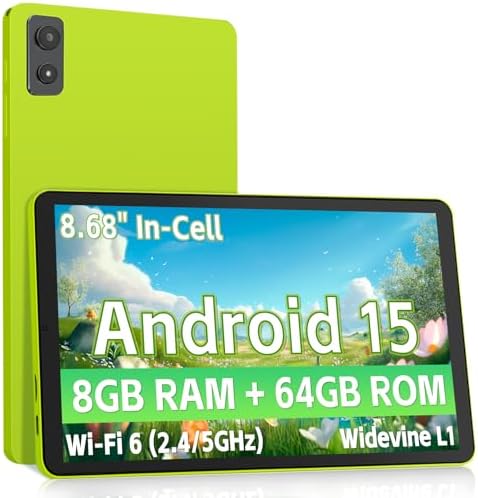 Android Tablet 8.7 Inch, Android 15 Tablet with 8GB RAM 64GB ROM, HD in-Cell Display 1340×800, RK3562 up to 2.0GHz, 5G WiFi, 5000mAh Battery - Green