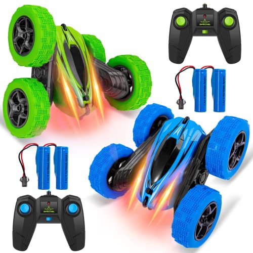 2PACK Remote Control Car RC Stunt Car for Kids, 2.4Ghz High Speed Rock Crawler Vehicle,360 Rotating 4WD Off Road Double Sided Rotating Tumbling Rc Car with LED Headlights ( Green/Blue).