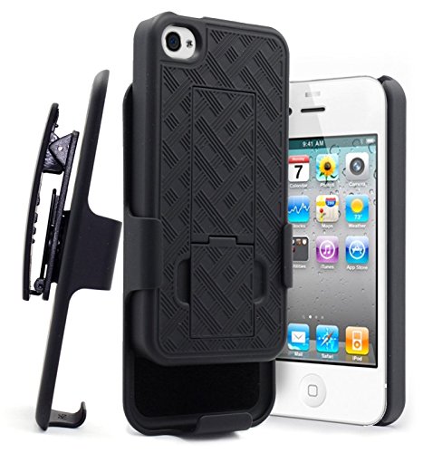 iPhone 4 Case, iPhone 4S Holster Case, NageBee Ultra Slim [Swivel Belt Clip] Kickstand Armor Shockproof Protective Defender Cover Shell Combo - Black