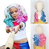 Dollmu Half Pink Half Blue Cosplay Wigs for Girls Long Body Wave Blonde Ombre Pink Blue Synthetic Wig Heat Resistant Blonde Ponytail Wig for Kids Children Halloween Use