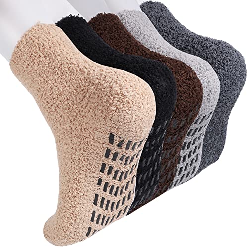 Fyguard 5 Paar Kuschelsocken, Wintersocken Dicke Socken Rutschfeste Socken Plüschsocken Bettsocken mit Noppen Warm Anti Rutsch für Damen Herren Weihnachtssocken(5 Farbe) Cover