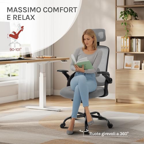 Sedia Ufficio Ergonomica con Poggiatesta e Braccioli Regolabili, Supporto Lombare, Poltrona Scrivania Girevole in Rete Traspirante Funzione Dondolo, Grigio - Sedia gaming - Immagine 6
