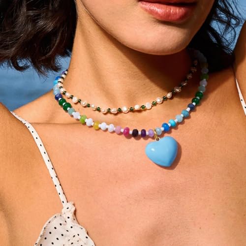 KissYan Beaded Necklaces for Women, Colorful Boho Bead Choker With Bubble Puffy Heart Pendant, Natural Stone Rainbow Necklaces Summer Surfer Beach Handmade Jewelry Gift4