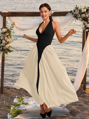 Image of ChiaoLezhee Deep V Neck Dress, Halter Maxi Dresses, Vacation Date Night, Sexy for Women Corset Flowy Wedding Guest Drop Waist