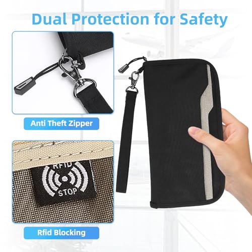 Image of ZOPPEN Passport Holder Family RFID Passport Wallet, Passport Holder Women /Men, Travel Wallet Documents Organizer Zipper Case with Removable Wristlet Strap, Travel Essentials for Flying, #01 Black, One