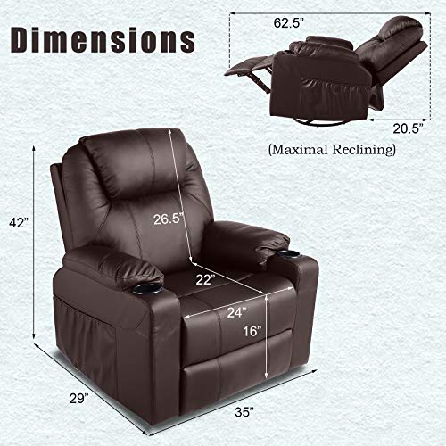 MAGIC UNION Modern PU Leather Massage Recliner Chair Rocking and 360°Swivel Heated Ergonomic Living Room Lounge Chair Single Sofa with 2 Cup Holders and Side Pockets Wireless Remote Control