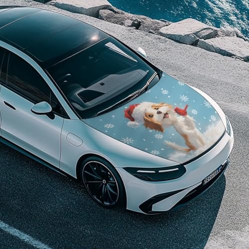 Image of Christmas Dog Print Car Hood Cover Stretch Polyester Fabric Cover for Car Hood Waterproof Car Hood Protector Easy Installation for Christmas Decoration Gifits