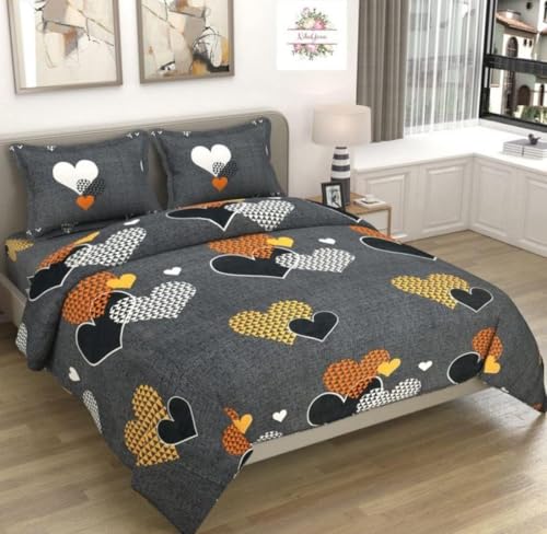 Image of BBSPED King Size Double Bed Printed Bedsheet with 2 Pillow Covers | 90 x 100 Inches | Glace Cotton Soft Bedsheet | Modern Heart Print Design | Grey, White, Mustard & Orange