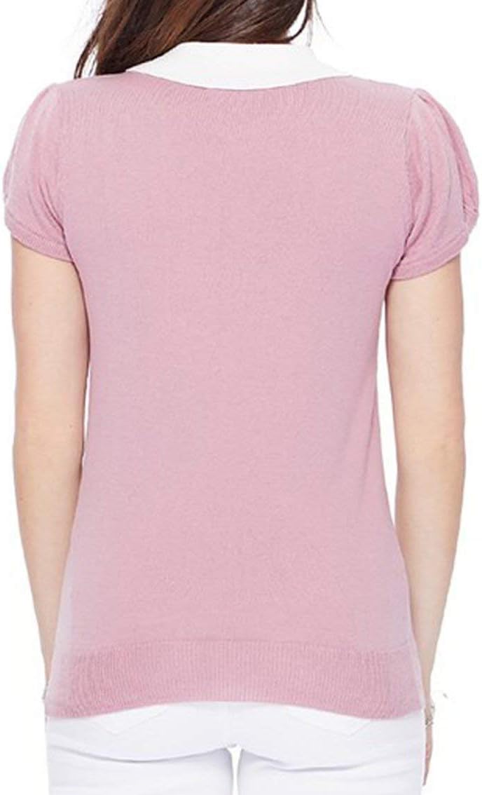 YEMAK Women's Knit Sweater Top – Short Sleeve Contrast Collar Puff Shoulder Classic Casual Knitted Soft T Shirt Pullover - Image 3
