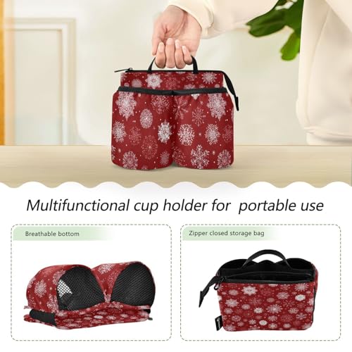 Image of Luggage Cup Holder for Suitcases Free Hands Suitcase Cup Holder Travel Luggage Drink Holder Portable Luggage Cup Caddy Bag Carrier with Handle Red Christmas Snowflakes