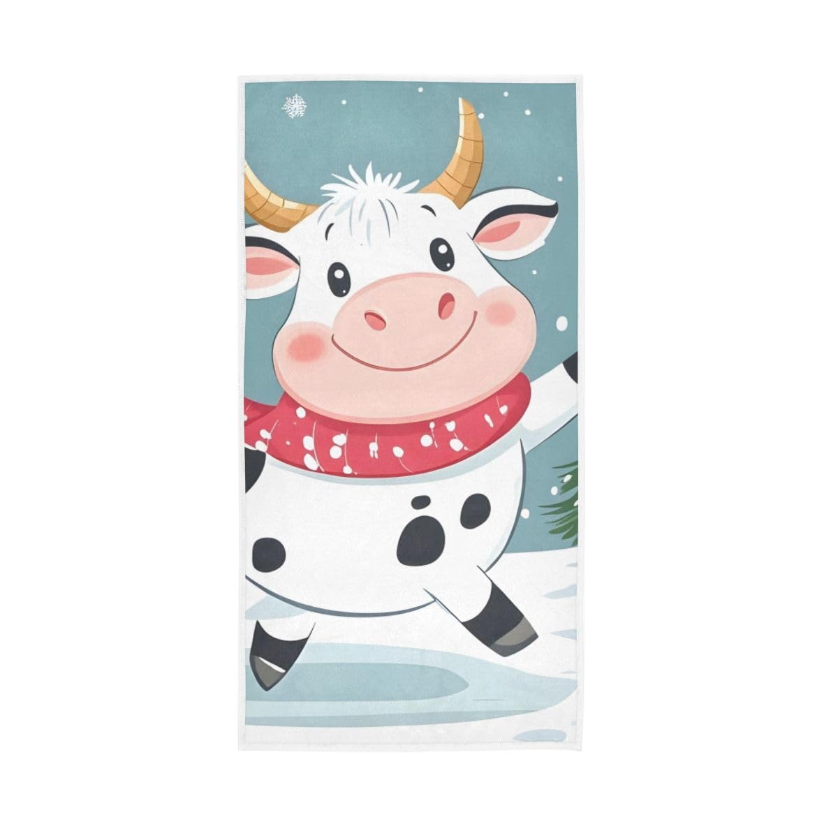 LSRCPD Cartoon Cow on Christmas Snow Hand Towel, Multipurpose Cotton Hand Towels for Hand, Face, Hair, Bath 15 x 30 Inches