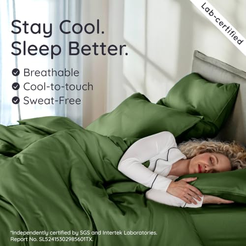 Image of Bambaw 100% Viscose Derived from Bamboo Duvet Cover Queen Size - 3 Pieces Cooling Duvet Cover Queen Set, Breathable & Soft Bedding Set, No Comforter (Olive)