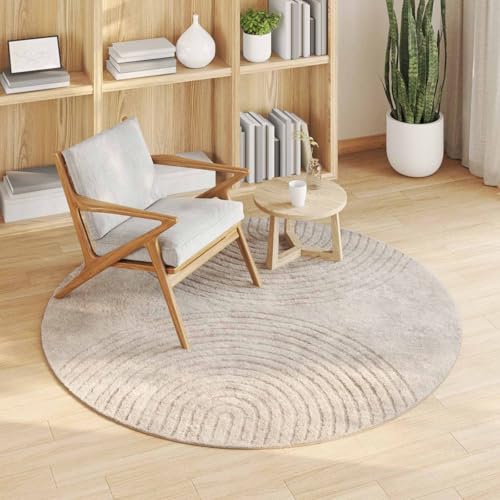 Tapis rond polyester beige 160 cm HUARTE avec envers antidérapant - 5