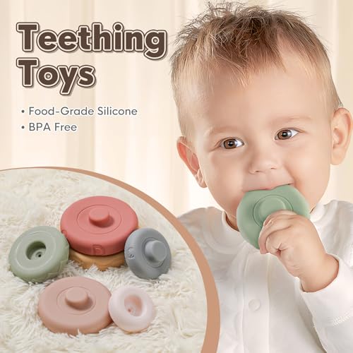 BOBXIN Baby Stacking & Nesting Rings Toy, 6pcs Soft Silicone Circle Building Stacker,Squeeze Play with Letter,Animal and Graphic,Toddler Sensory Learning Montessori Toys for Babies 6 Months+