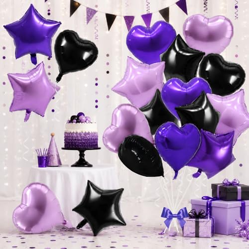 TONIFUL 18 Inch Black Purple Star and Heart Foil Balloons 18PCS Black Purple Helium Mylar Shaped Balloons for Birthday Wedding Bridal Shower Anniversary Engagement Party Decorations Supplies