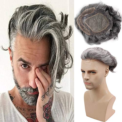 Voloria Toupee for Men Mono Lace with PU Around and the French Lace Front Men's Hair Pieces Replacement System 40% 1B Black Color Mixed 60% Grey Hair Mens Wig 10x8inch