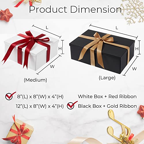 Y YOMA 8” Large Gift Box with Lid and Gold Ribbon Paper Gift Boxes Elegant Cardboard Box for Presents Square Gift Box Ideal for Anniversary Wedding Birthday Graduation Festivals, Black(1 Pack)