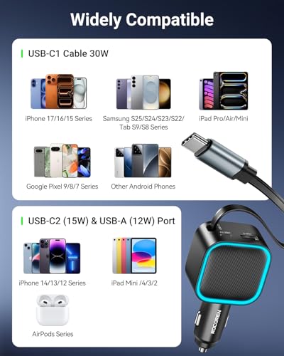 Image of Retractable Car Charger USB-C,Rocoren 57W Type C Fast Car Charging [Ultra-Compact Mini] with Cord Cigarette Lighter Adapter Car Accessories for iPhone 17 16 15 Samsung S25 Ultra Pixel Android