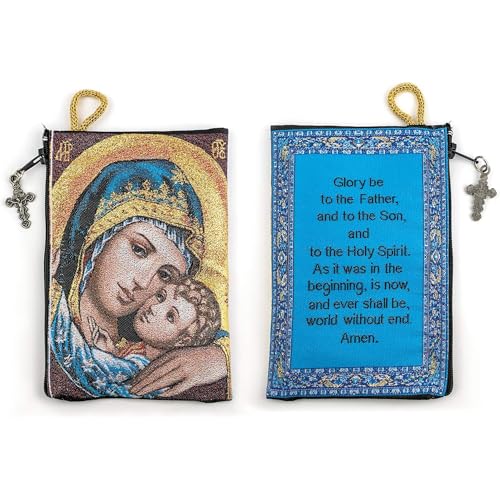 Image of TREE OF LIFE REV. 22:14 Catholic Rosary Pouch, 4 inch x 6 inch Jewelry & Coin Purse with Cross, Small Woven Tapestry Icon Bag, Bolsa de Rosario Catolico para Joyeria, Madonna and Child & Glory Be to the